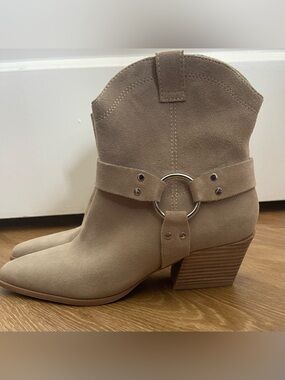 Women's Taupe Suede Western Ankle Boots with Ring Harness